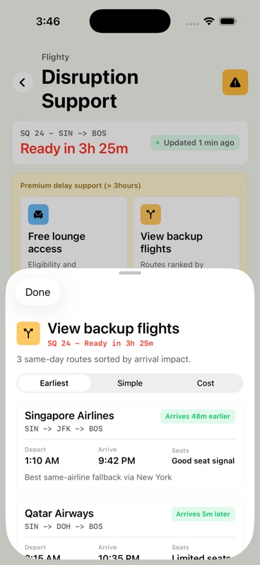 Backup flights sheet showing alternative routes sorted by arrival impact