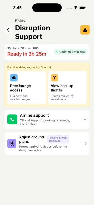 Disruption Support screen with airline support, lounge access, backup flights, and ground plan options